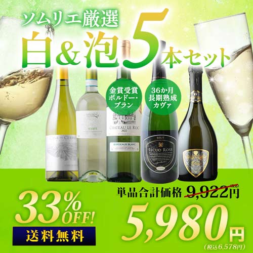36か月長期熟成カヴァ&金賞白入り！ソムリエ厳選白&泡5本セット 送料無料