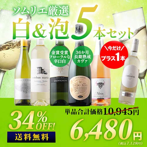 今だけプラス1本！36か月長期熟成カヴァ&金賞白入り！ソムリエ厳選白&泡5本セット 送料無料「6/3更新」
