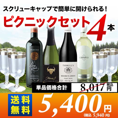 スクリューキャップで簡単に開けられる ピクニックセット4本入り 第14弾 送料無料 (4人用) 泡1本&白1本&赤2本 ワインセット「6/12更新」