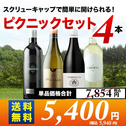 スクリューキャップで簡単に開けられる ピクニックセット4本入り 第15弾 送料無料 （4人用） 白2本＆赤2本 ワインセット「9/12更新」
