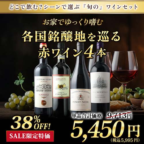 お家でゆっくり嗜む　各国銘醸地を巡る赤ワイン4本セット ワインセット