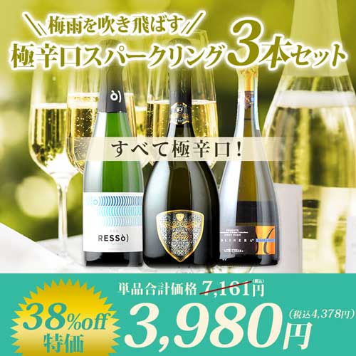 【梅雨を吹き飛ばす】極辛口スパークリング3本セット スパークリングワインセット